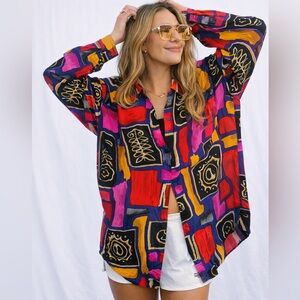 Vintage 90s Jessie Silk Abstract Blouse Medium Memphis Pop Art Print Shirt Bold